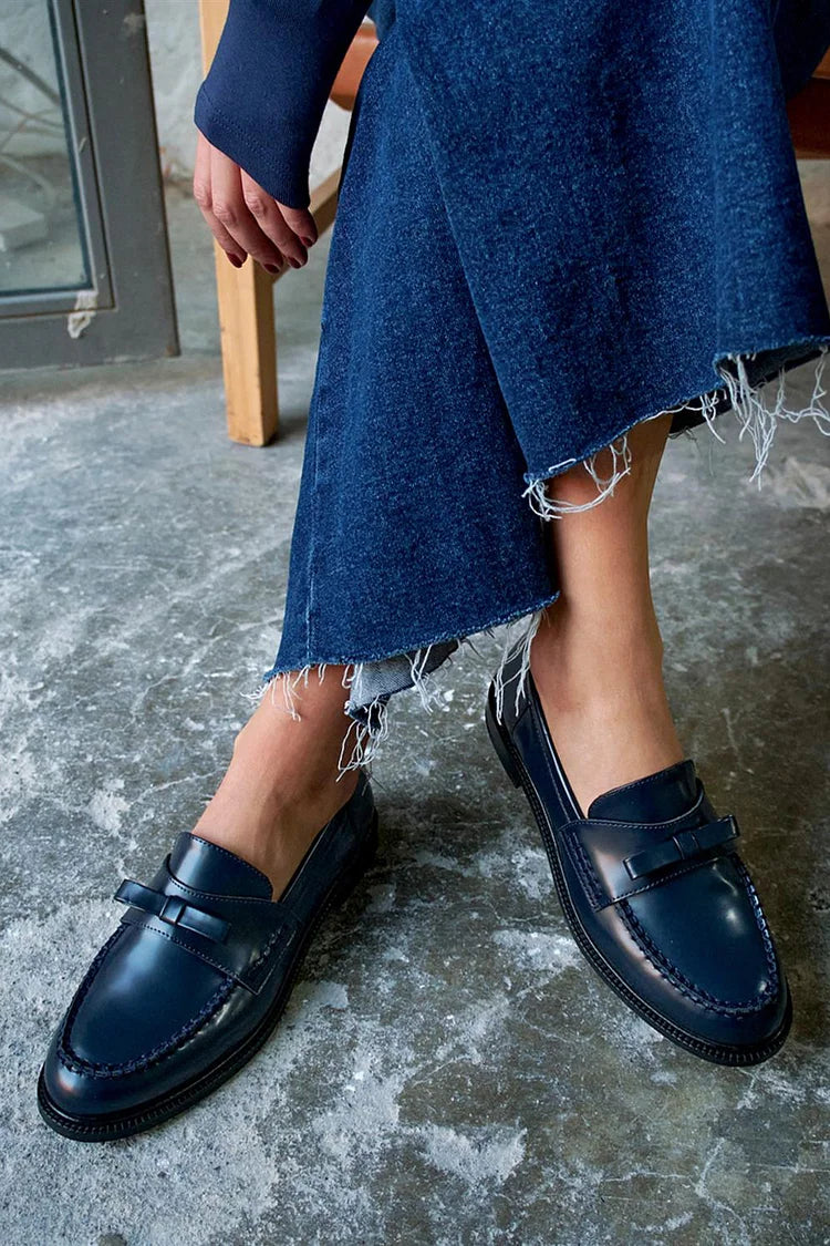 Belle | Navy Patchwork Moccasins with Knot Detail