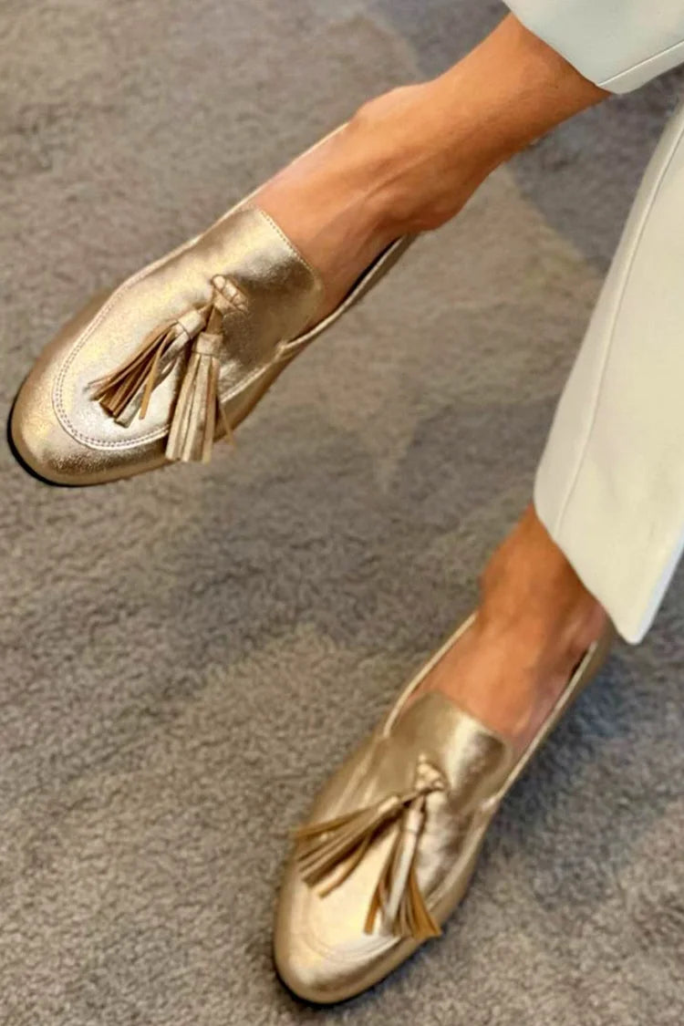 Ivy | Metallic Gold Moccasins with Contrast Stitching