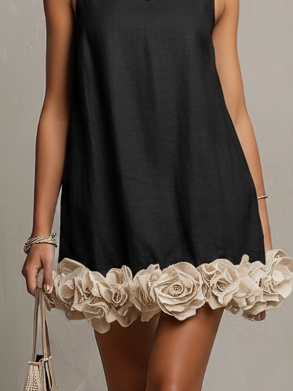 Iris | Black Cotton-Linen Mini Dress with 3D Floral