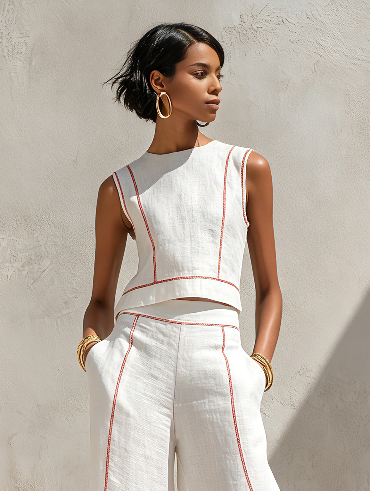 Elegant Contrast-Stitched Trousers Set