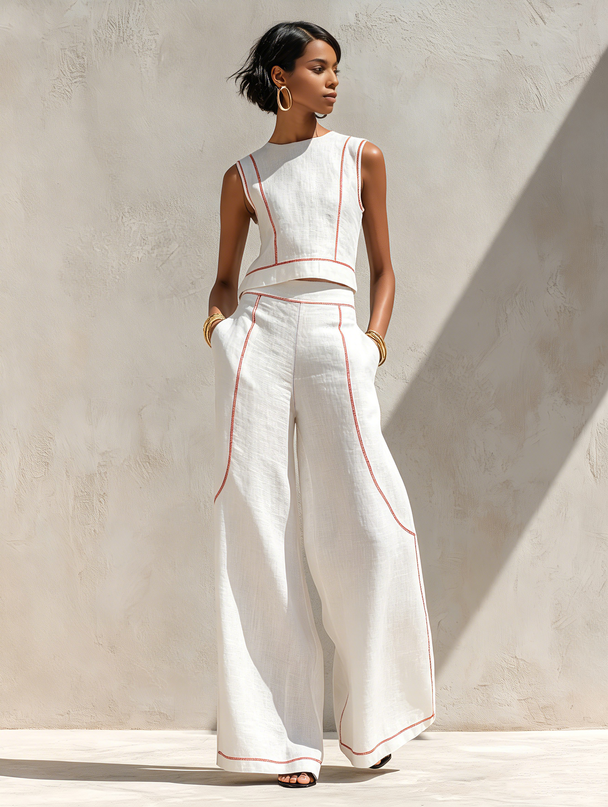 Elegant Contrast-Stitched Trousers Set