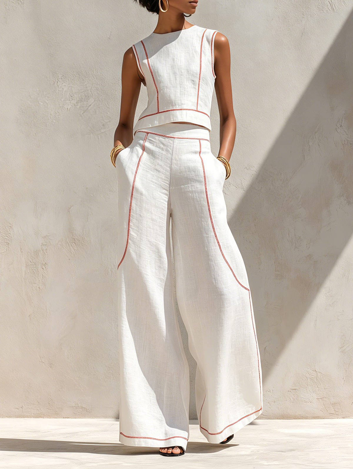 Elegant Contrast-Stitched Trousers Set