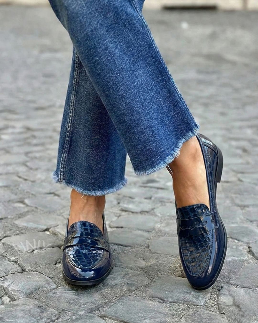 Rae | Croc-Effect Penny Moccasins in Navy