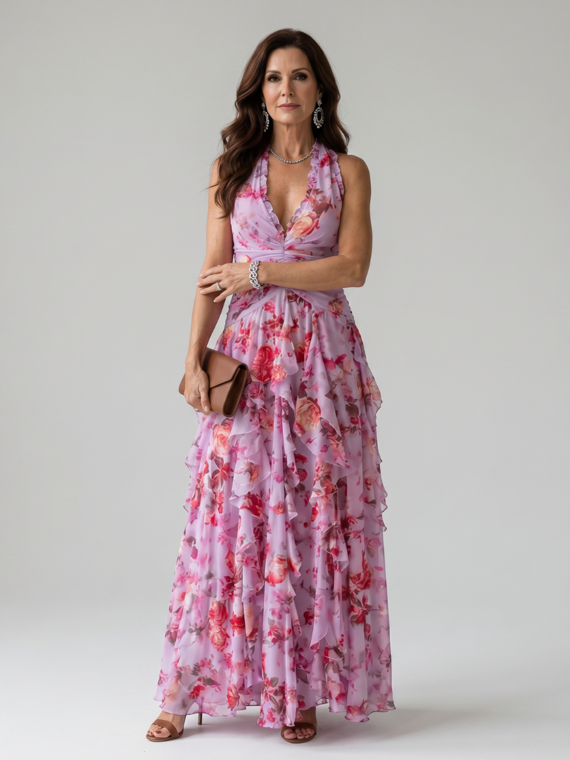 Nori | Maxi Abito Floreale Halter con Top a Balze