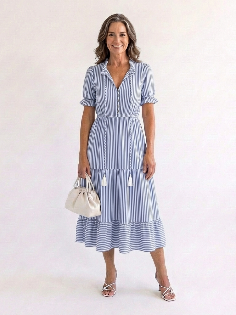 Dakota | Vestito midi a balze a righe a maniche corte