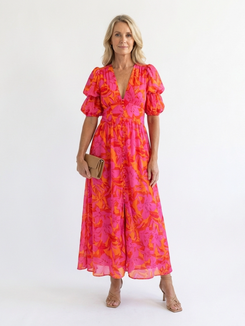Willow | Puff Sleeve Floral V-Neck Midi Dress
