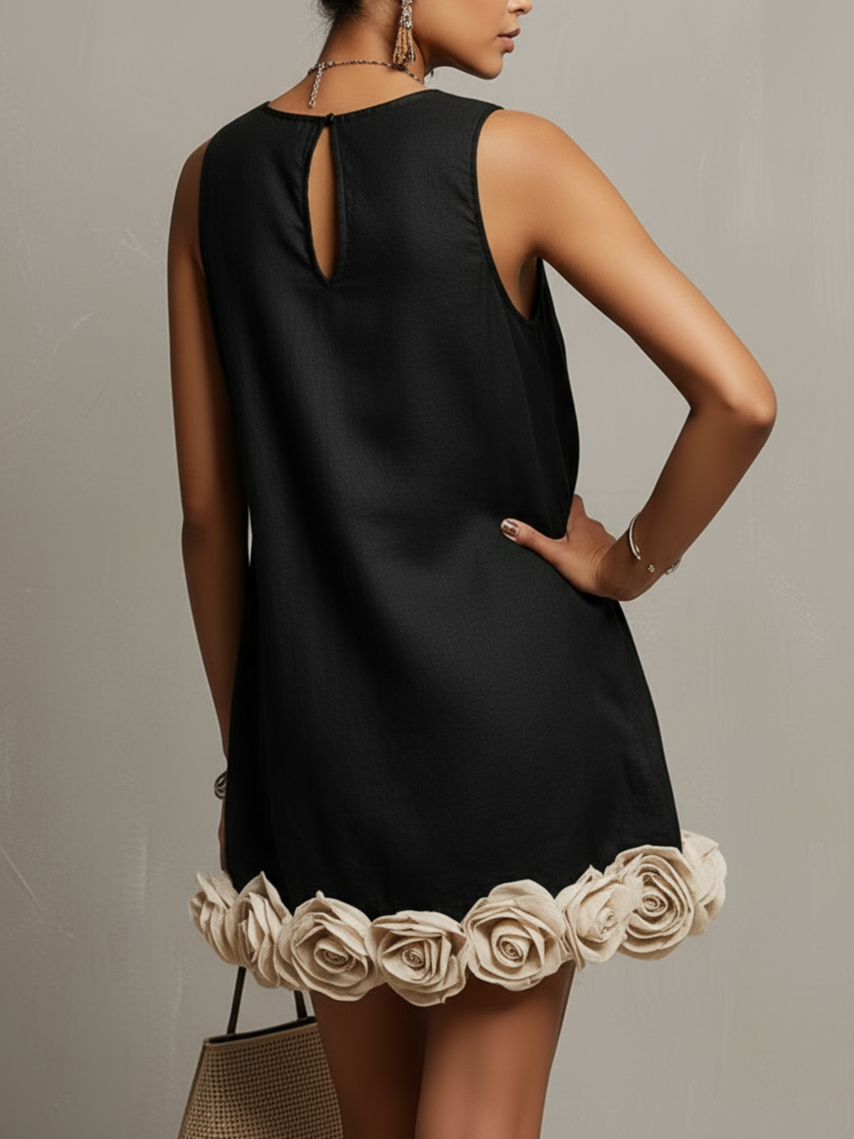 Iris | Black Cotton-Linen Mini Dress with 3D Floral