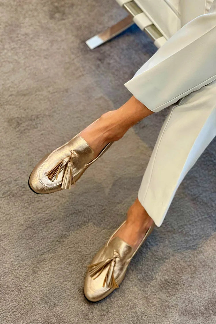 Ivy | Metallic Gold Moccasins with Contrast Stitching