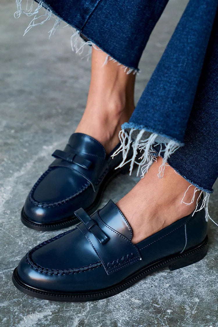 Belle | Navy Patchwork Moccasins with Knot Detail