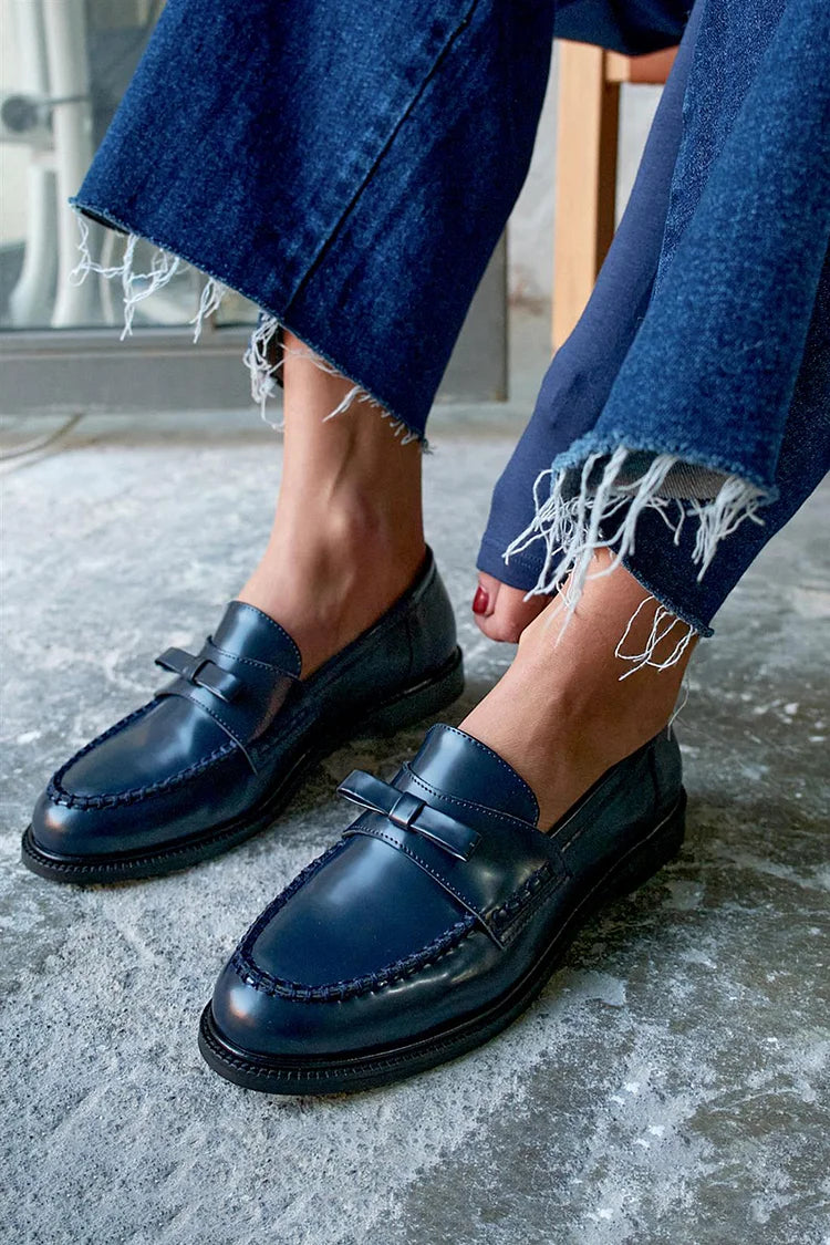 Belle | Navy Patchwork Moccasins with Knot Detail