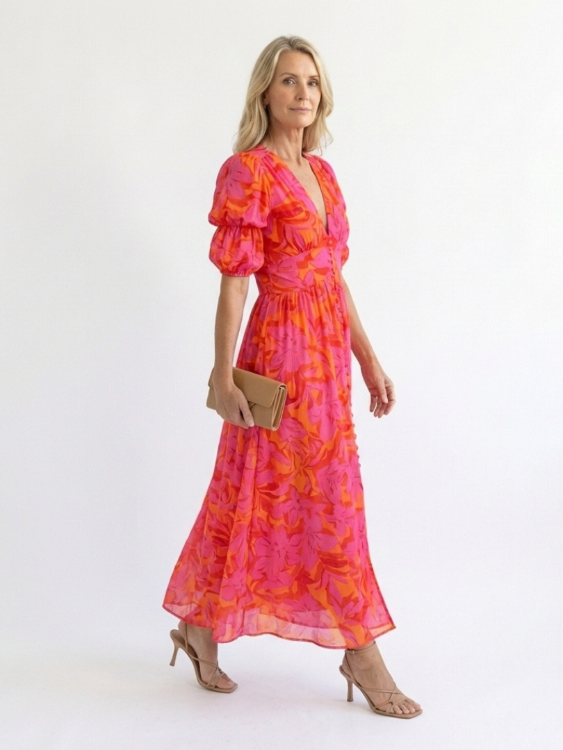 Willow | Puff Sleeve Floral V-Neck Midi Dress