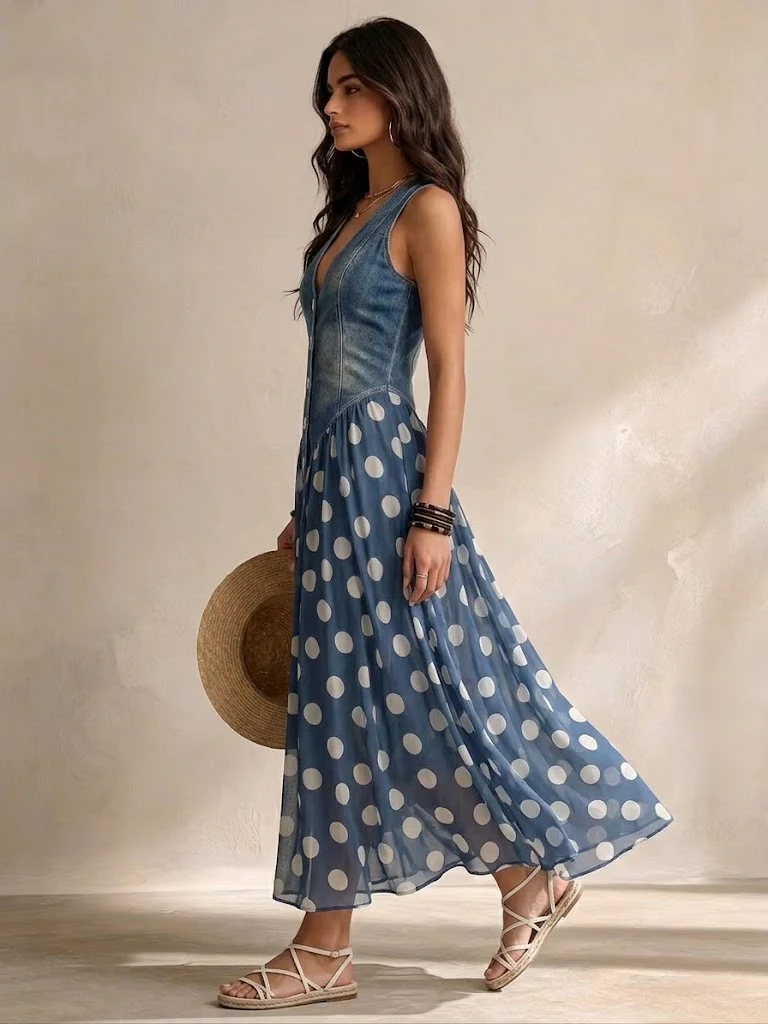 Elena | Elegant Polka Dot Denim Dress