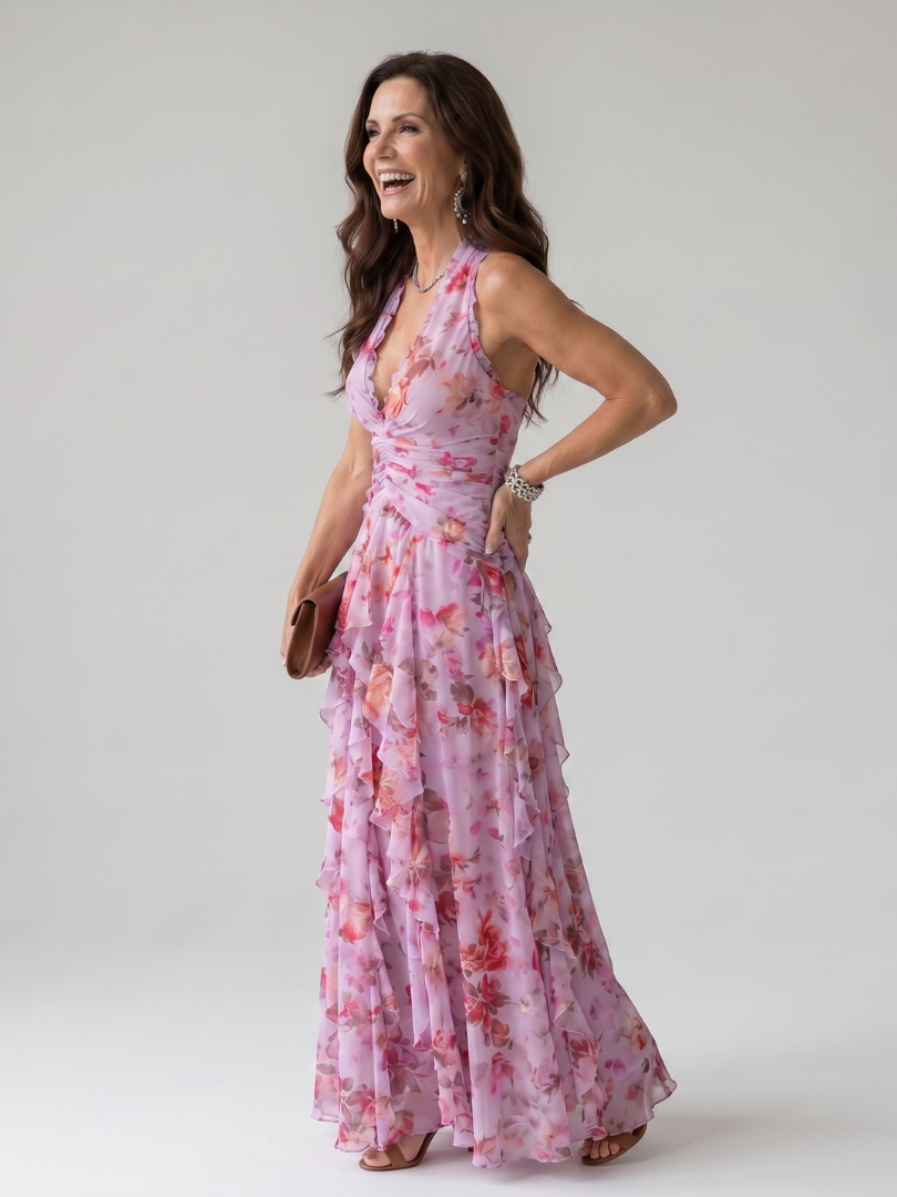 Nori | Maxi Abito Floreale Halter con Top a Balze