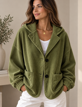 Nalina | Giacca Oversize con Cappuccio in Velluto a Coste - Verde