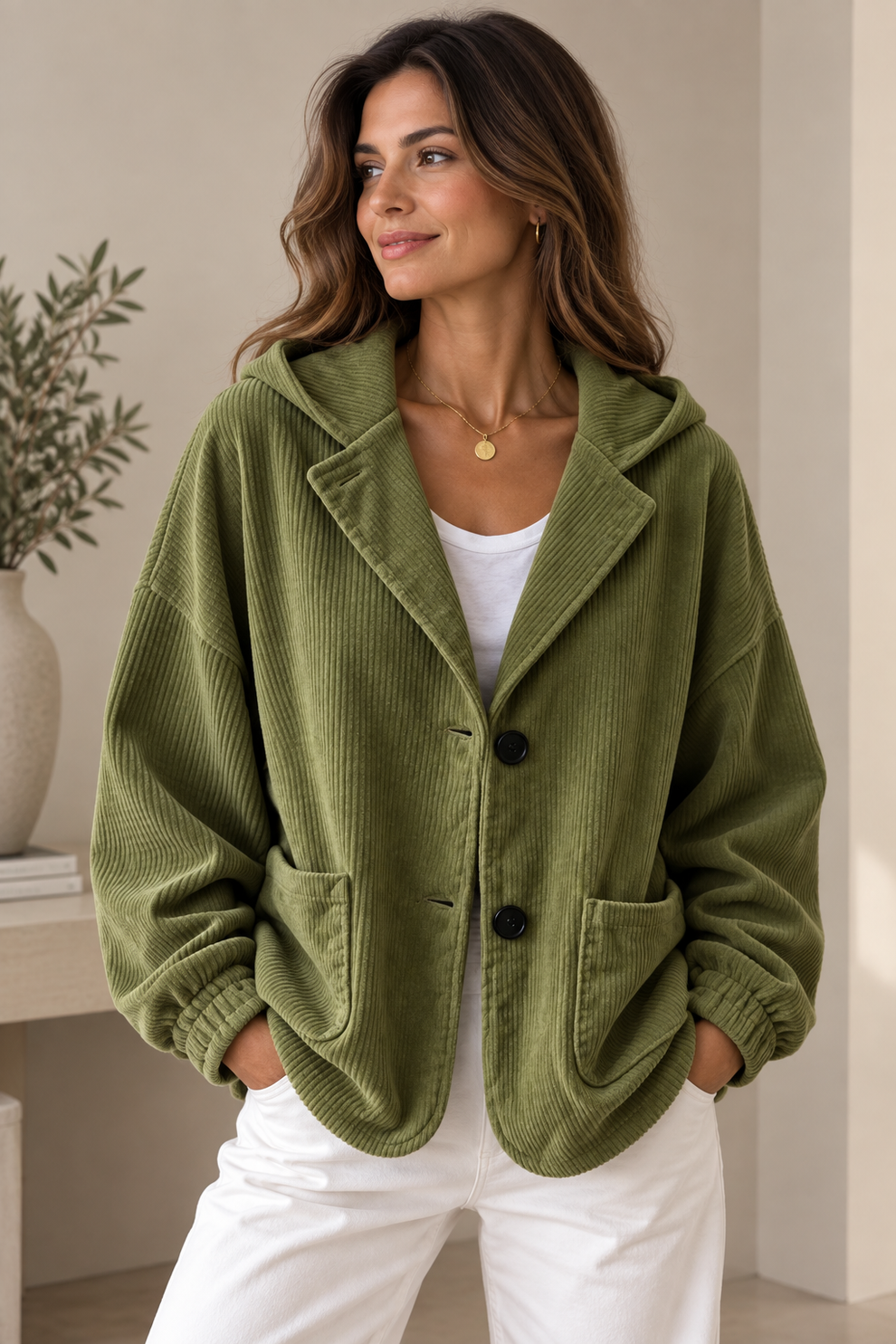 Nalina | Giacca Oversize con Cappuccio in Velluto a Coste - Verde