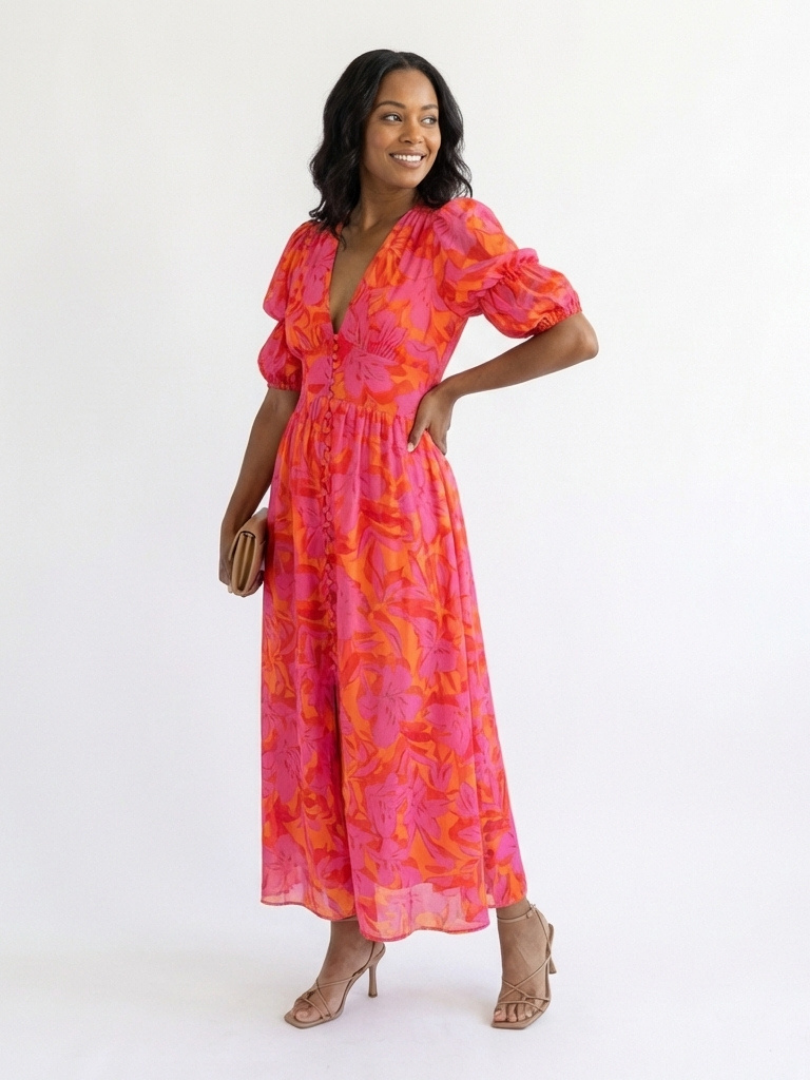Willow | Puff Sleeve Floral V-Neck Midi Dress