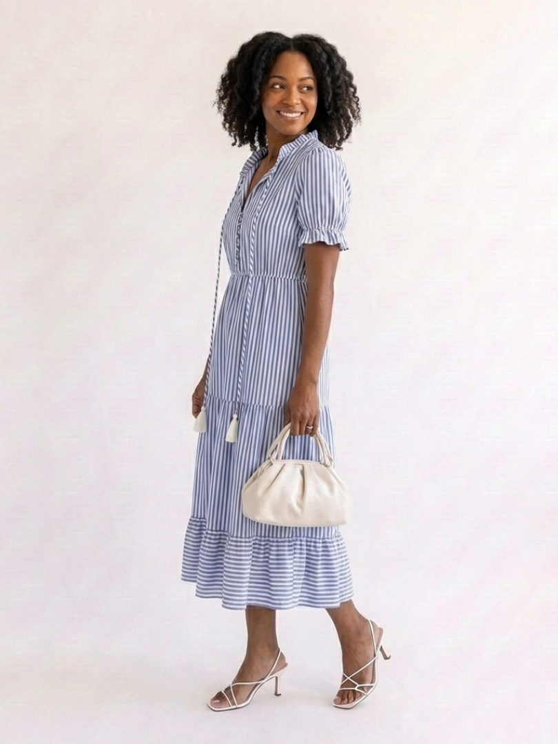 Dakota | Vestito midi a balze a righe a maniche corte