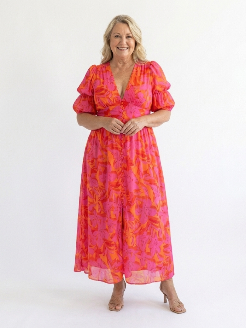 Willow | Puff Sleeve Floral V-Neck Midi Dress