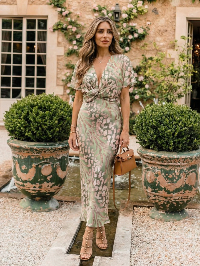 Coralie | Abstract Print V-Neck Twist-Waist Midi Dress