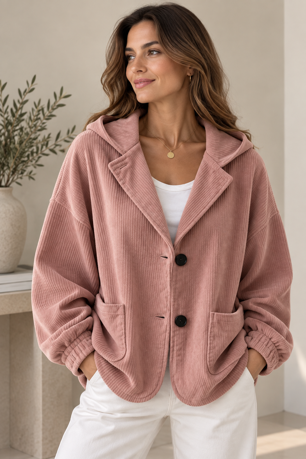 Nalina | Giacca Oversize con Cappuccio in Velluto a Coste - Rosa