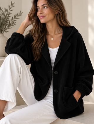 Nalina | Giacca Oversize con Cappuccio in Velluto a Coste - Nero