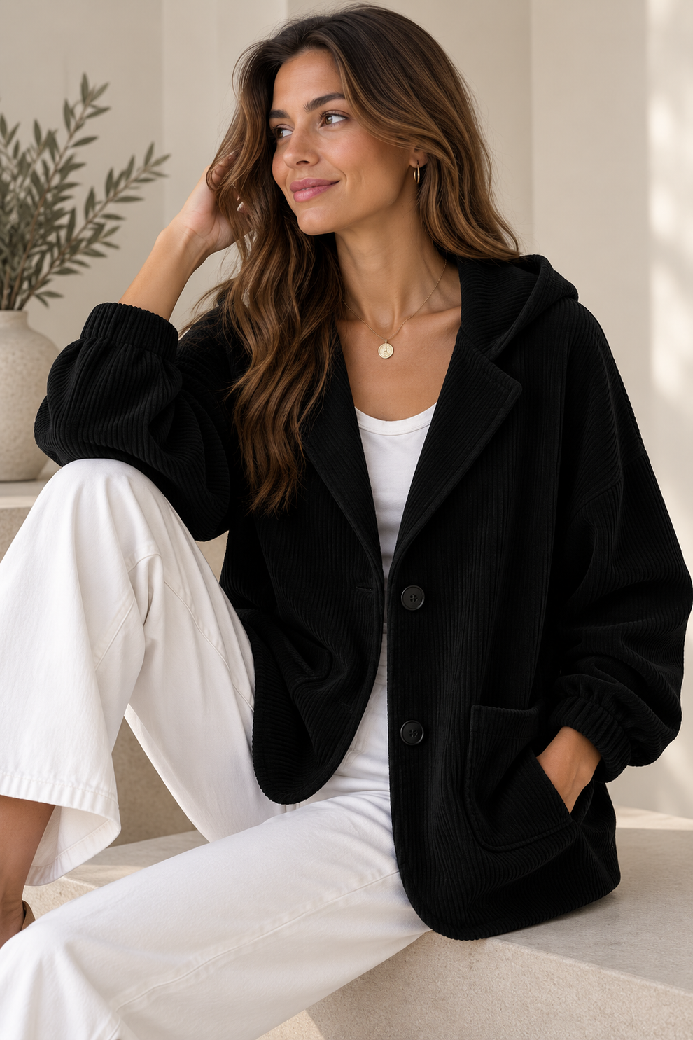 Nalina | Giacca Oversize con Cappuccio in Velluto a Coste - Nero