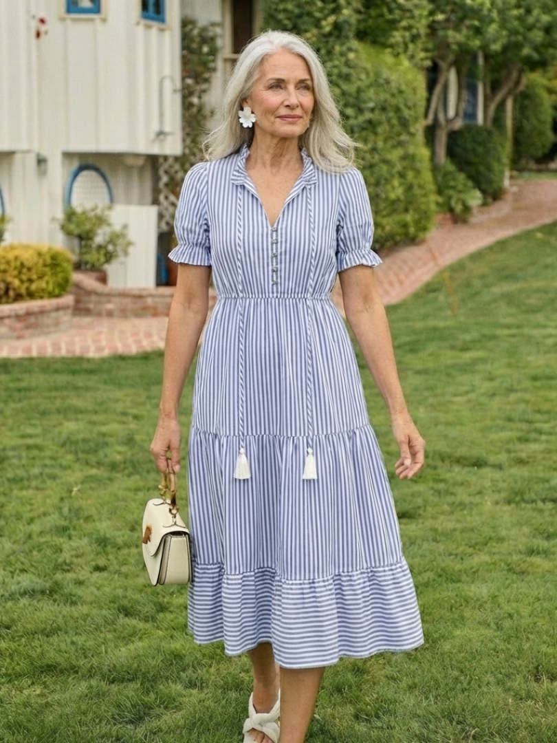 Dakota | Vestito midi a balze a righe a maniche corte