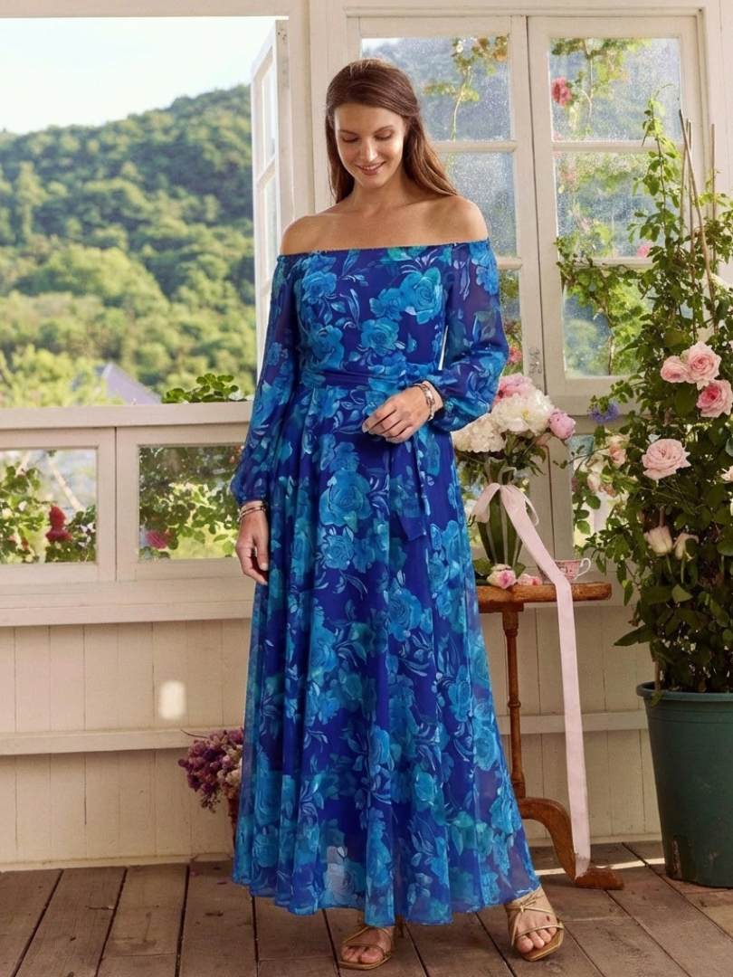 Aspen | Vestito lungo floreale con spalle scoperte