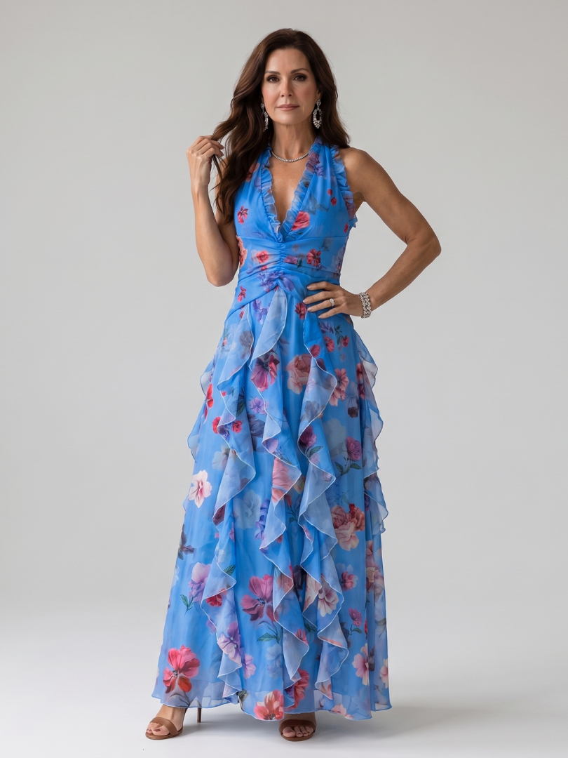 Nori | Maxi Abito Floreale Halter con Top a Balze