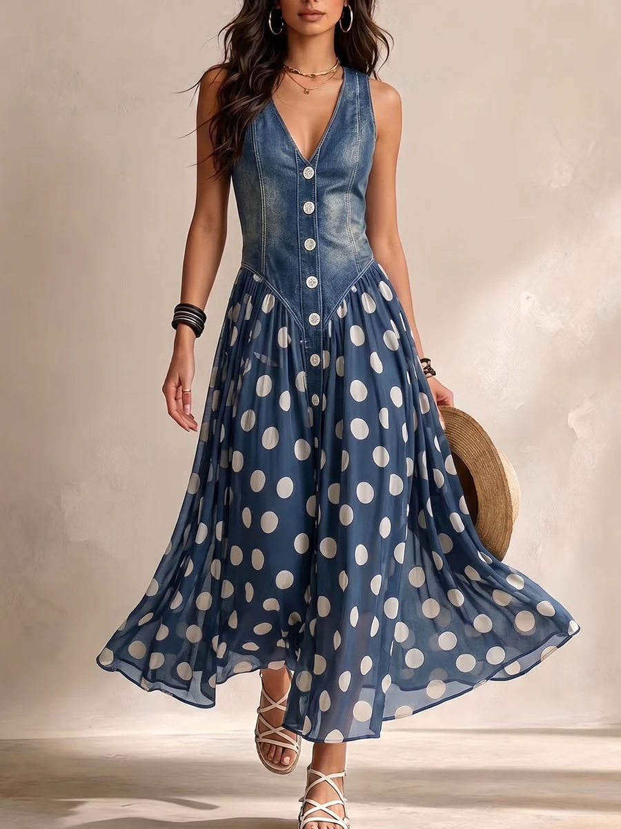 Elena | Elegant Polka Dot Denim Dress