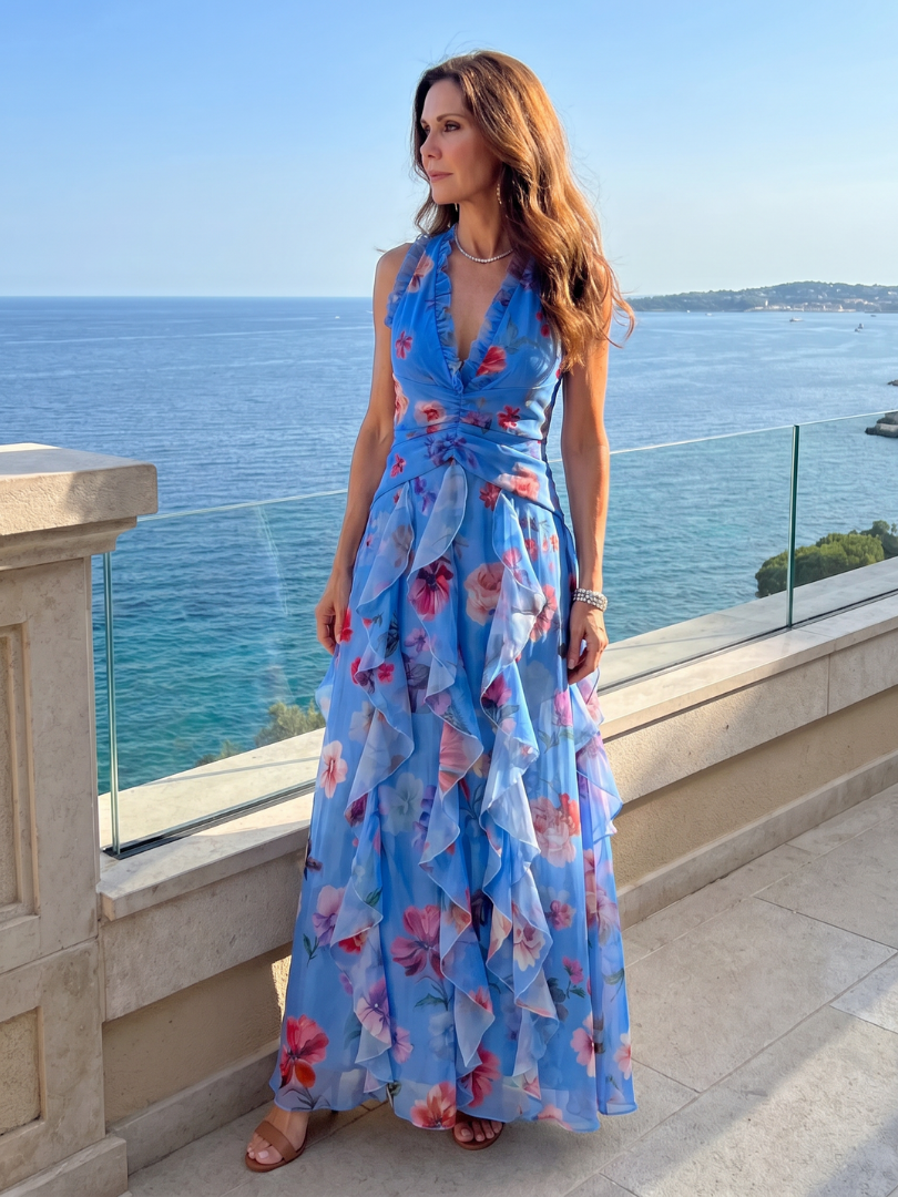 Nori | Maxi Abito Floreale Halter con Top a Balze