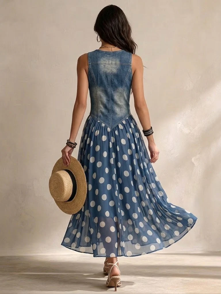 Elena | Elegant Polka Dot Denim Dress
