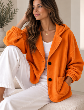 Nalina | Giacca Oversize con Cappuccio in Velluto a Coste - Arancione