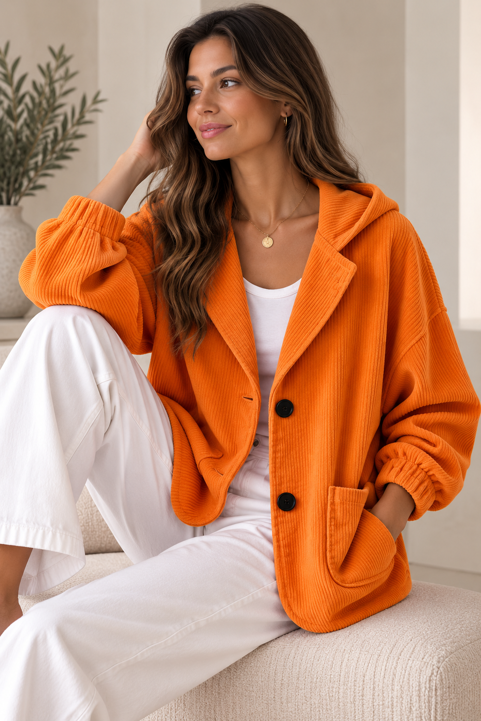 Nalina | Giacca Oversize con Cappuccio in Velluto a Coste - Arancione