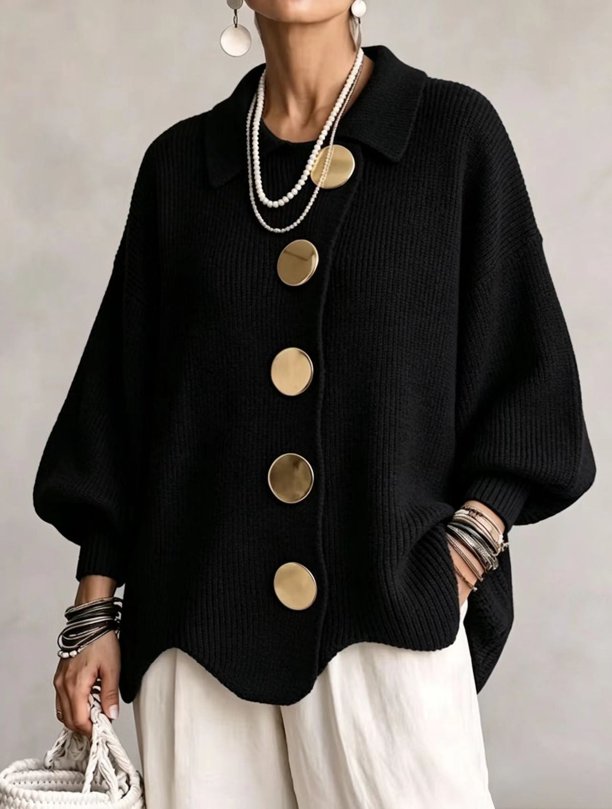 Isadora™ | Giacca in Maglia Ampia con Colletto e Grandi Bottoni in Metallo