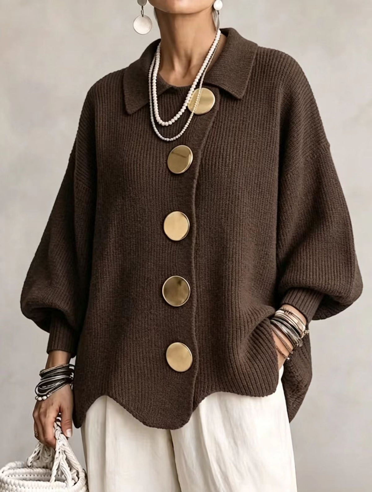 Isadora™ | Giacca in Maglia Ampia con Colletto e Grandi Bottoni in Metallo