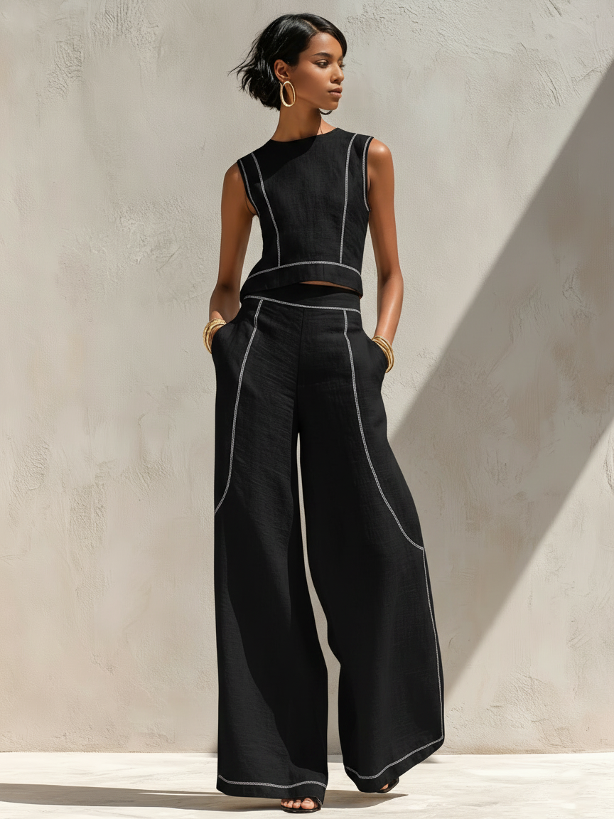 Elegant Contrast-Stitched Trousers Set