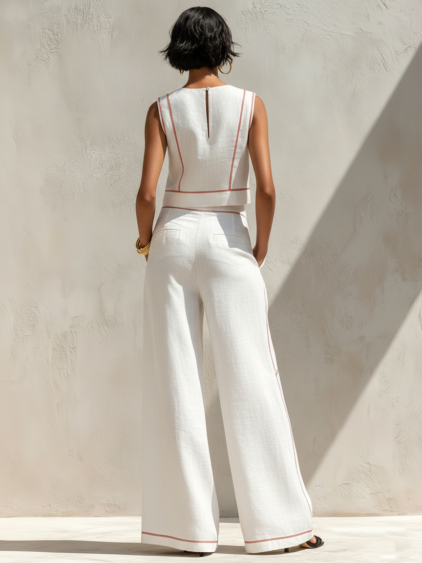 Elegant Contrast-Stitched Trousers Set