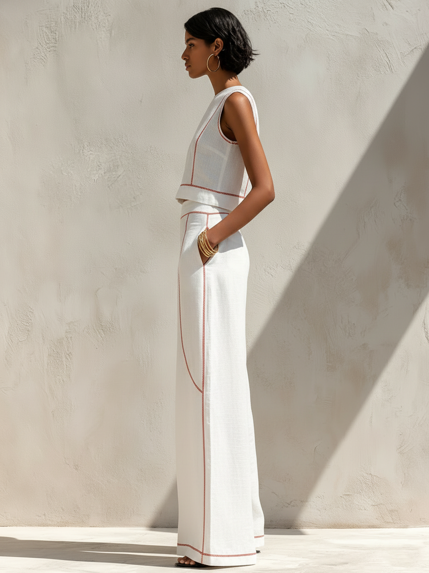 Elegant Contrast-Stitched Trousers Set