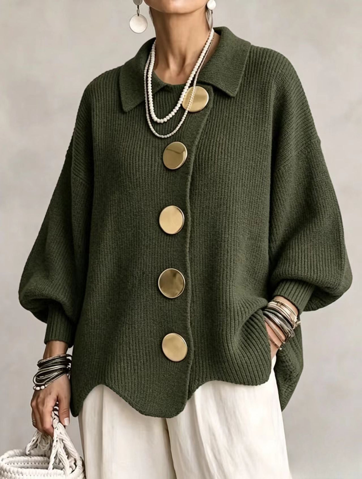 Isadora™ | Giacca in Maglia Ampia con Colletto e Grandi Bottoni in Metallo