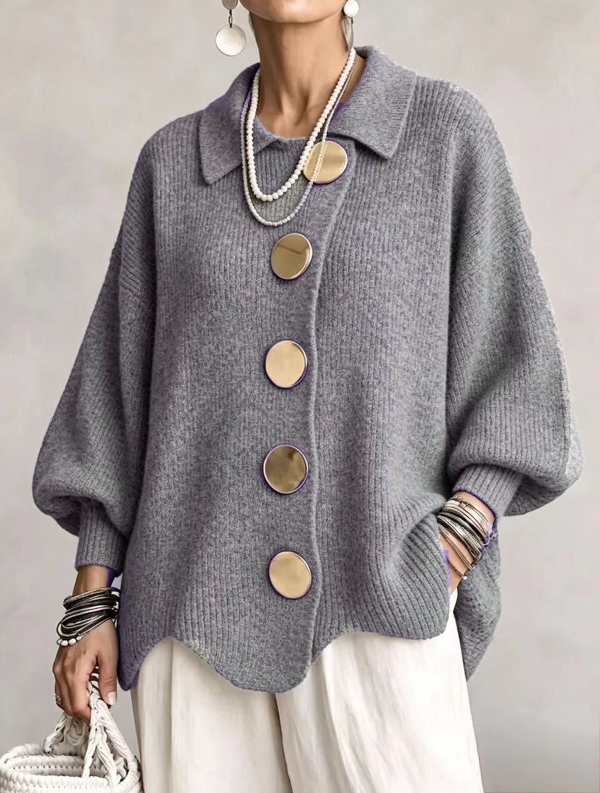 Isadora™ | Giacca in Maglia Ampia con Colletto e Grandi Bottoni in Metallo