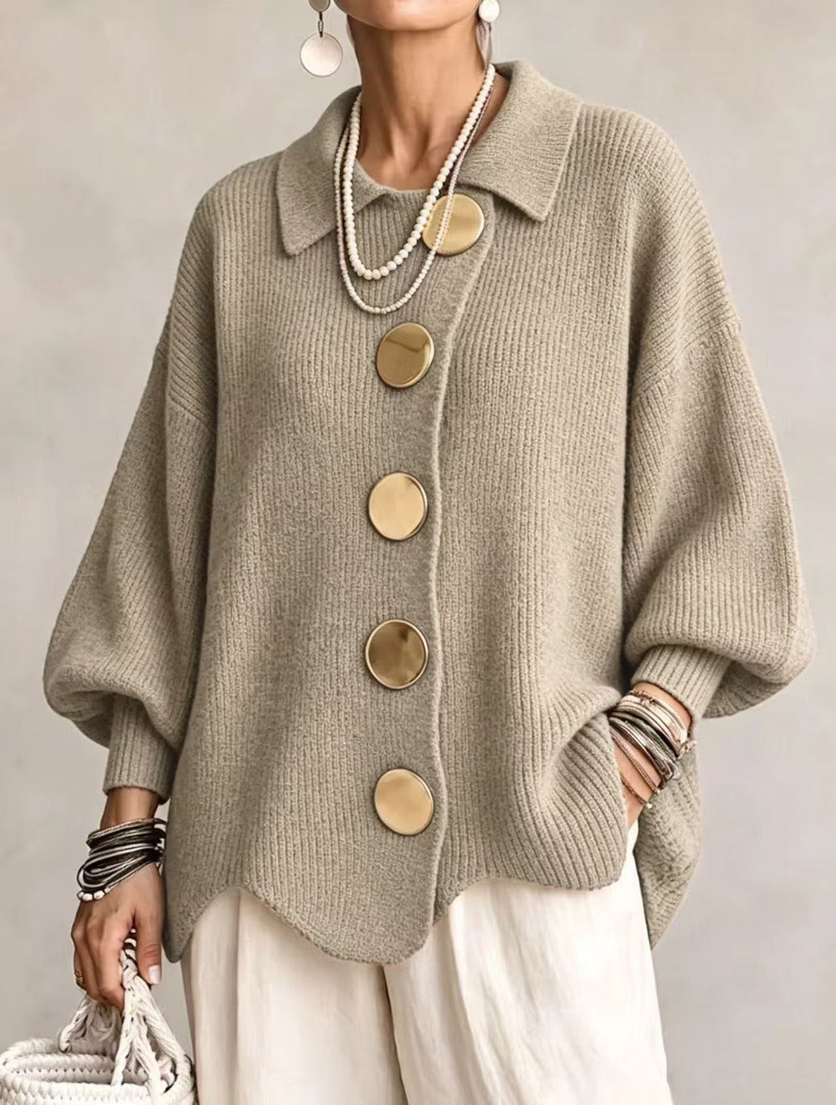 Isadora™ | Giacca in Maglia Ampia con Colletto e Grandi Bottoni in Metallo