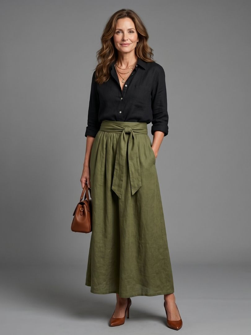 Vera | Black Blouse & Olive Green Midi Skirt Set
