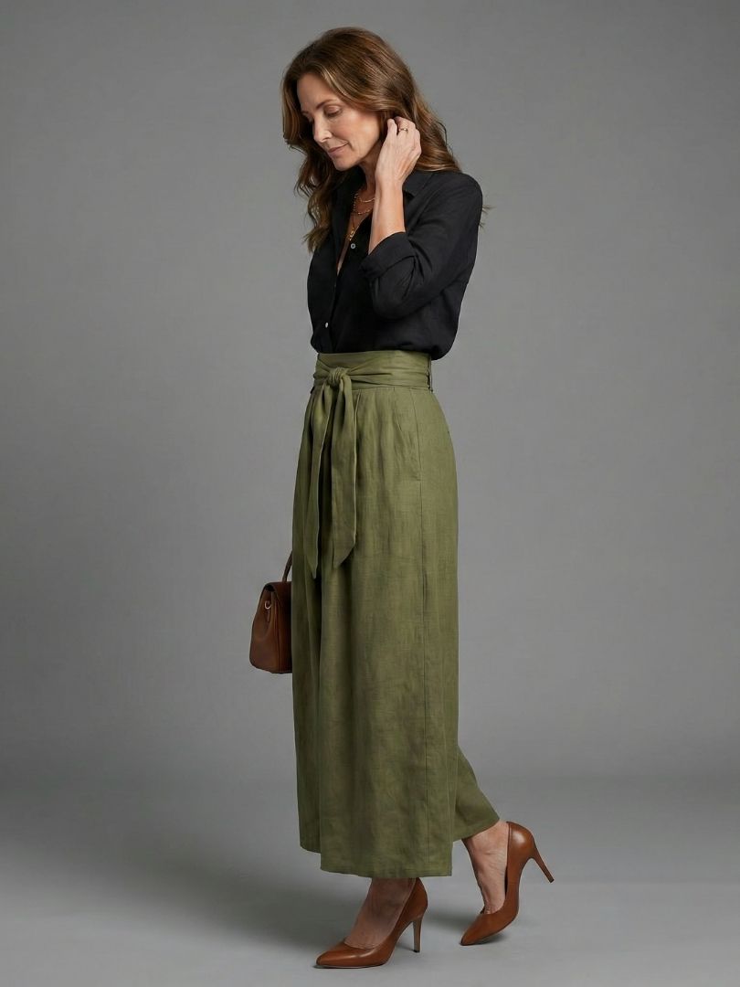 Vera | Black Blouse & Olive Green Midi Skirt Set