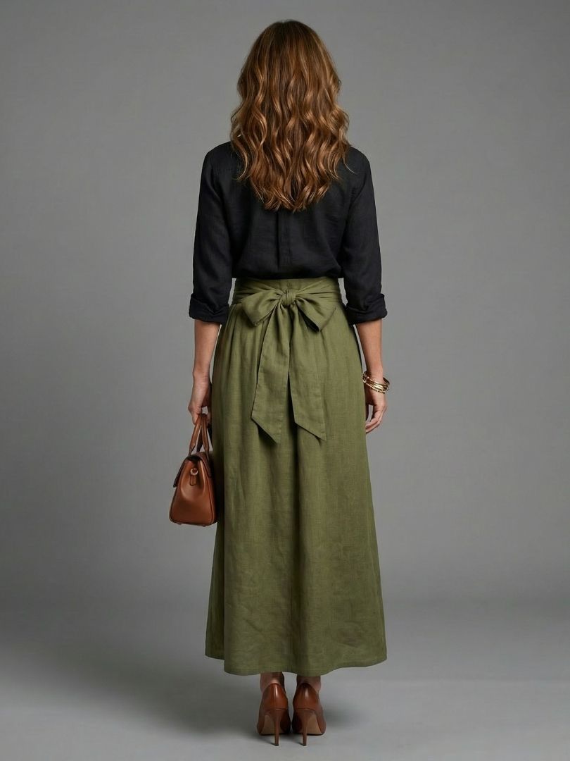 Vera | Black Blouse & Olive Green Midi Skirt Set
