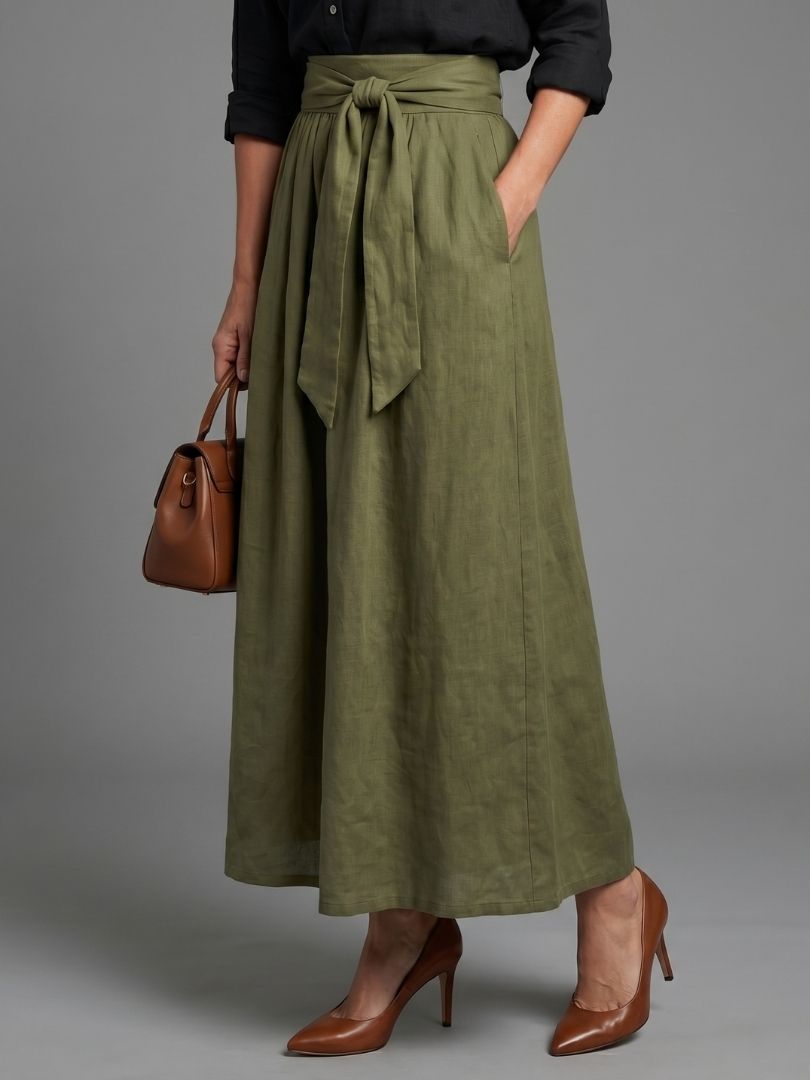 Vera | Black Blouse & Olive Green Midi Skirt Set