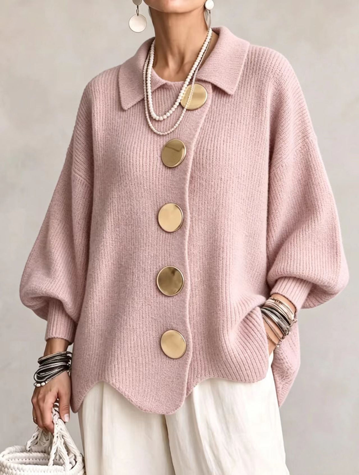 Isadora™ | Giacca in Maglia Ampia con Colletto e Grandi Bottoni in Metallo