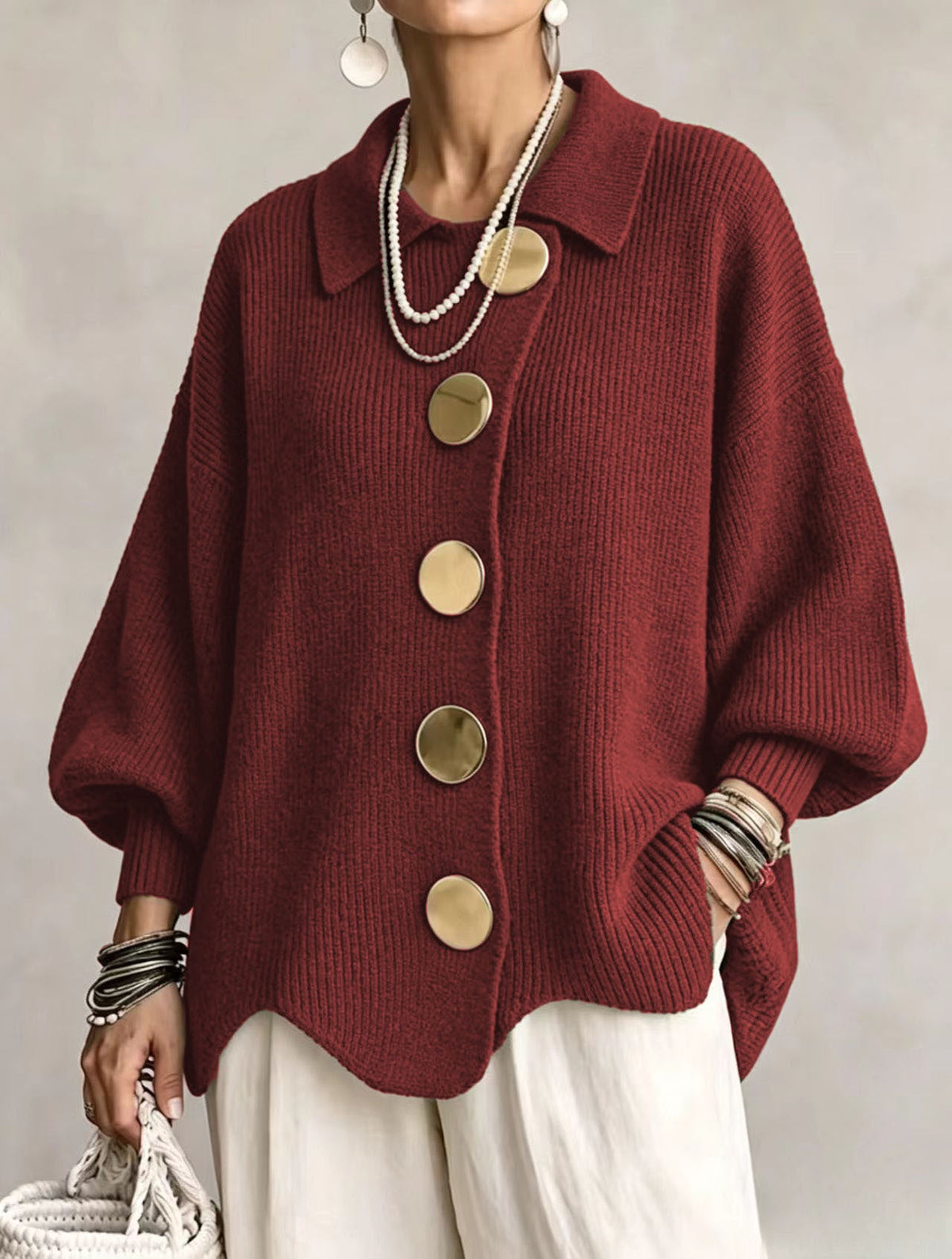 Isadora™ | Giacca in Maglia Ampia con Colletto e Grandi Bottoni in Metallo