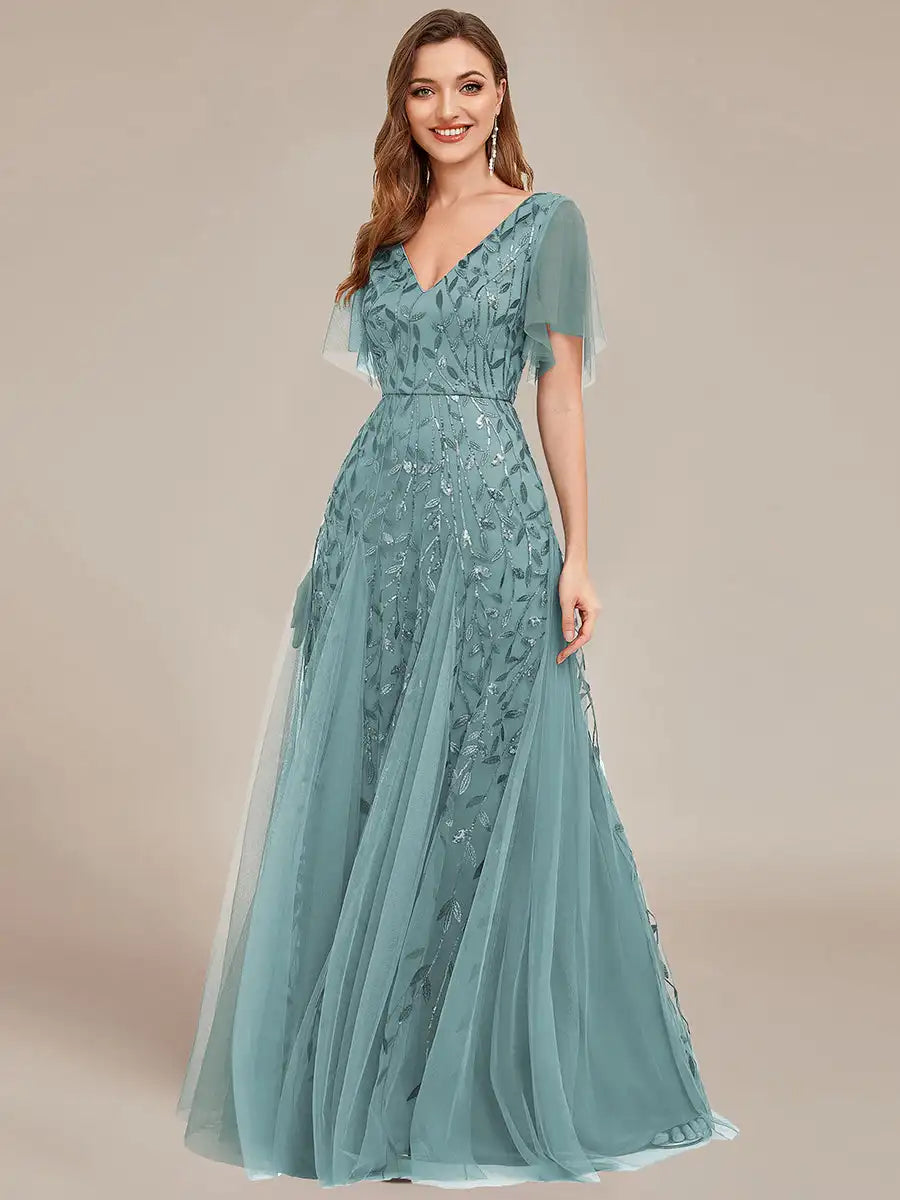 Skye | Deep V-Neck Sequin Evening Dress