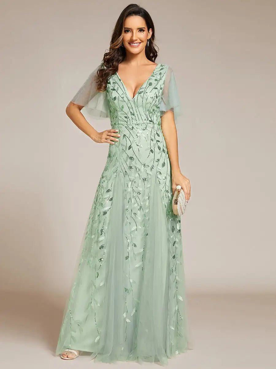 Tessa | Sequin Evening Dress with Ruffle Sleeves